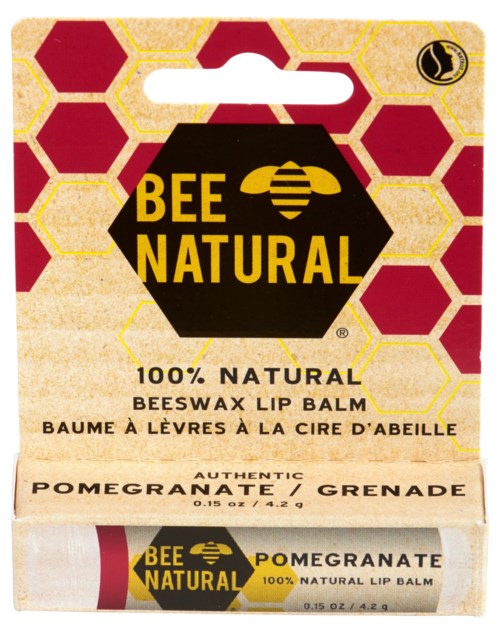Beeswax lip balm, pomegranate flavor, natural ingredients, small tube, honeycomb pattern on packaging.