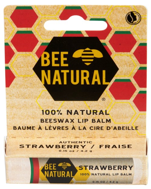 A honeycomb pattern background with red, yellow, and green colors. Bee Natural logo and strawberry flavor label on lip balm.
