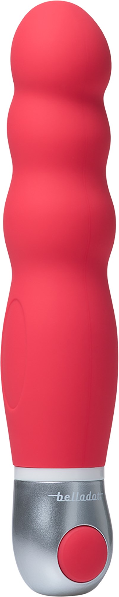 Ein rosa, gewelltes Objekt mit grauem Boden und roter Taste, ähnlich einem Massagegerät.