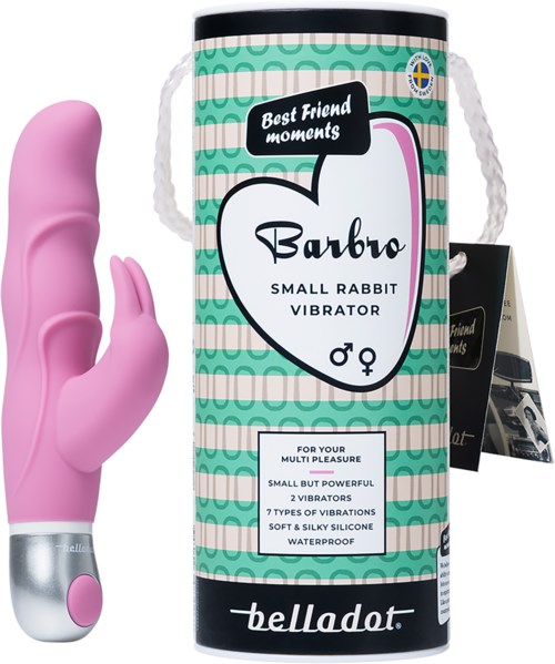 Ein rosa Kaninchen-Vibrator, in einer Verpackung mit grünen und schwarzen Designs, für Freude.