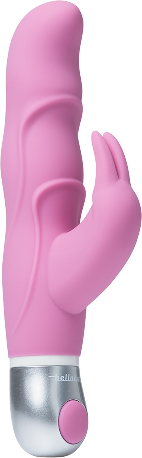 Ein pinker, kaninförmiger Vibrator mit silbernem und pinkem Sockel und kleinem Knopf.