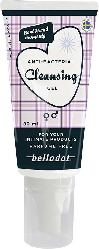 Eine Tube antibakterielles Reinigungs-Gel für intime Zwecke, parfymfrei, mit rosa Karo-Muster und Herzdesign.