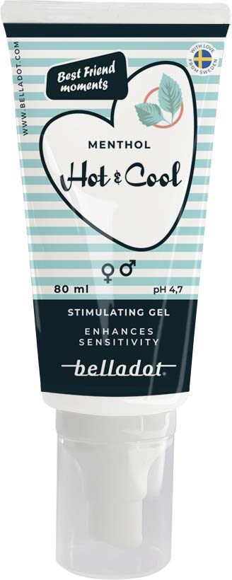 Eine Tube Menthol Hot & Cool Gel, mit blauen und weißen Streifen, Text und schwedischer Flagge. Fördert Empfindlichkeit und Frische.