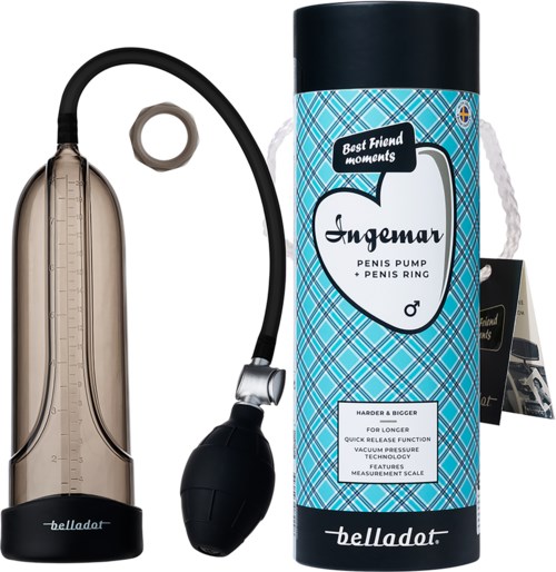 Ein Penis Pumpen-Set enthält ein großes durchsichtiges Rohr, einen schwarzen Luftschlauch, einen Gummiring und eine zylindrische Aufbewahrungsbox.