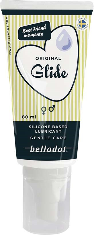 Eine weiße Tube mit gelben Streifen und schwarzem Band, beschriftet als silikonbasiertes Gleitmittel namens "Glide", mit Symbole für Männer und Frauen.