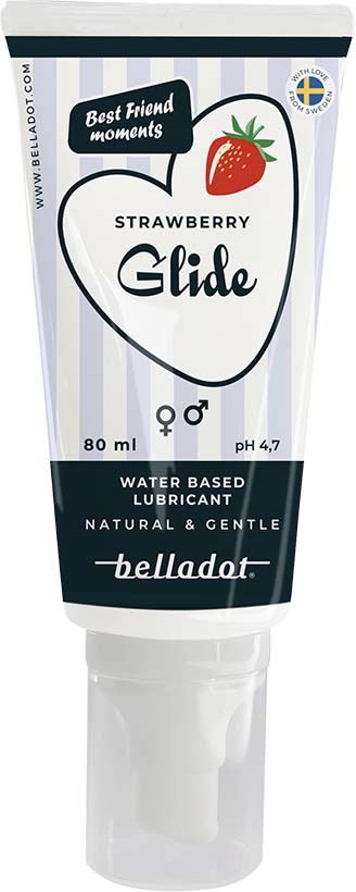 Tube mit Erdbeer-geschmacksvollem wasserbasierten Gleitmittel, 80 ml, sanft und natürlich, mit Männchen- und Weibchen-Symbolen.