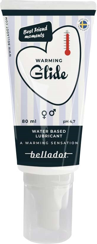 Eine Tube mit warming-ine Lotion namens 'Warming Glide' zeigt ein Thermometer, männliche und weibliche Symbole und den Markennamen 'Belladot'.