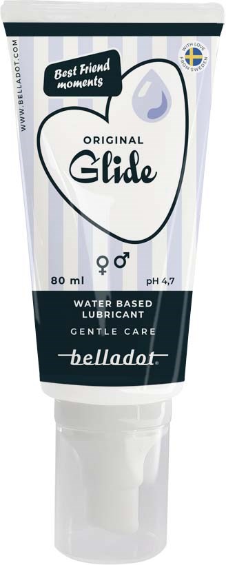 Eine Tube mit 'Original Glide', wasserbasiertes Gleitmittel für sanfte Pflege, mit Herzform und schwedischer Flagge.