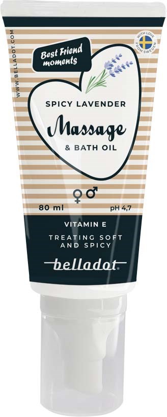 Eine Tube mit Lavendelmassage- und Badeöl mit gestreiftem Design, Kennzeichnung und Markenname.