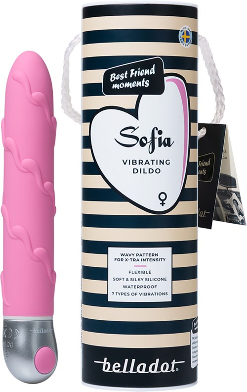 Rosa vibrierender Dildo mit silberner Basis und rosa Knopf, verpackt in einer gestreiften zylindrischen Schachtel.