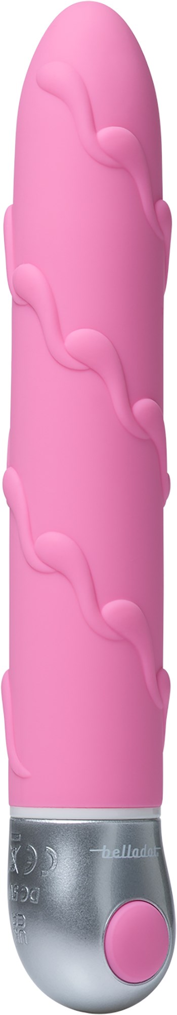 Ein rosa, spiralförmiger Vibrator mit Silberbasis und pinker Taste.