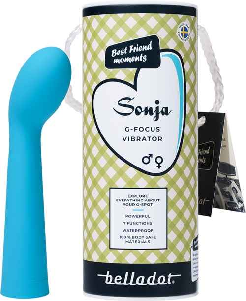 Blauer G-Punkt-Vibrator mit Verpackung, die wasserfest und sichere Materialien betont.