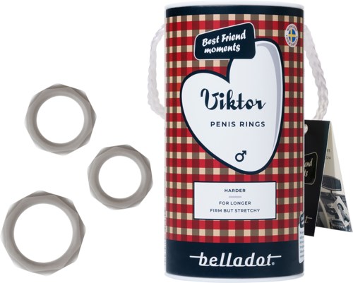 Ein zylindrischer Behälter mit rotkariertem Design, Etikett mit 'Viktor Penis Rings', drei große Metallschleifen daneben.