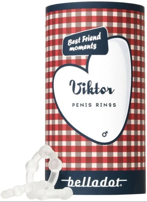 En behållare med rött och vitt rutmönster, märkt Viktor penisringar, med vita ringar utanför.