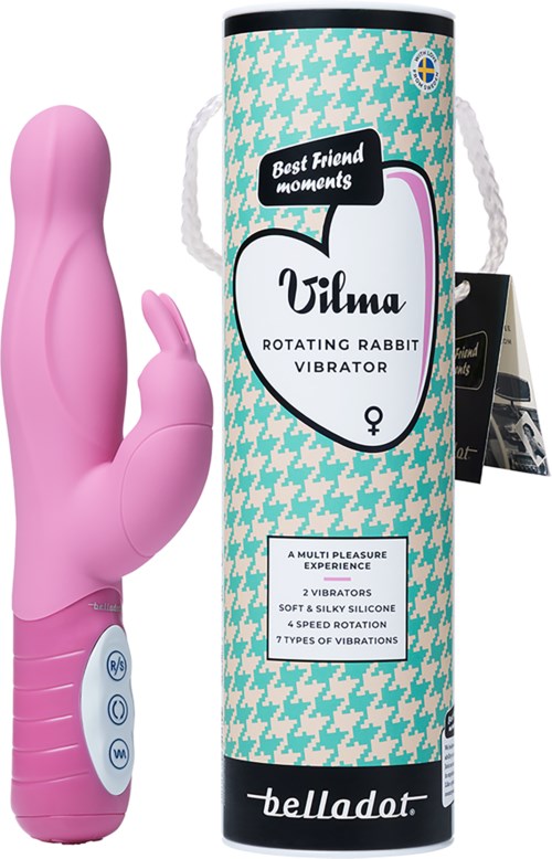 Rosa kaninliknande vibrator med kontrollknappar, förpackad i cylindriskt paket med blå och vit mönster och text.