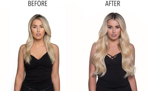 Nebeneinander Fotos zeigen Frau mit langen, blonden Haaren vor und nach Styling oder Behandlung.