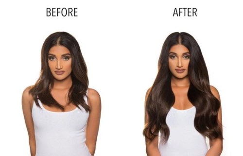 Een vrouw met lange, glanzende, donkere haar voor en na haarbehandeling. Het haar lijkt veel langer en gezonder na.