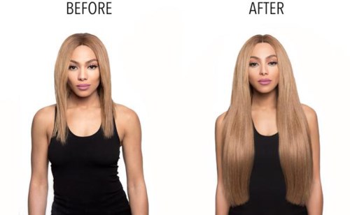 Eine Frau mit glattem Haar vor und langem, glänzendem Haar nach Haarpflege oder Styling.