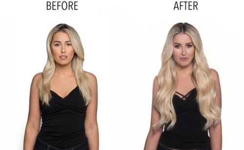 Eine Frau mit langem blonden Haar vor und nach einer Haarstyling oder Behandlung. Sie trägt ein schwarzes Oberteil.
