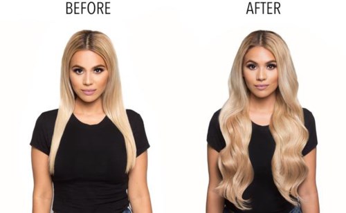 Frauen nebeneinander mit glattem Haar vorher und langem, welligem Haar nach einer Haarbehandlung. Beide tragen schwarze Hemden.