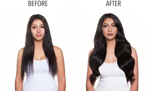 Eine Frau mit geradem Haar vor und welligem, glänzendem Haar nach Haarbehandlung oder Styling.