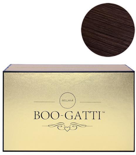 Ein gold-schwarzes Kästchen mit den Worten "BOO-GATTI" und dekorativen Linien und Herz-Symbolen.