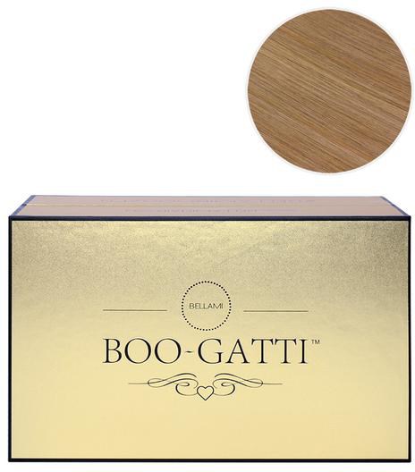 Eine Box mit 'BOO-GATTI' Beschriftung, gold- und schwarzes Design, plus ein holzfarbenes rundes Objekt darüber.
