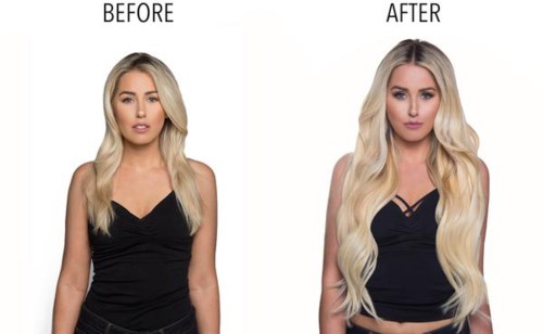 Eine Frau mit langen blonden Haaren vor und nach einer Haartransformation, mit längeren, gewellten Haaren im Nachher-Foto.