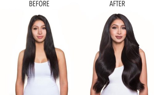 Eine Frau zeigt eine Haartransformation mit 'Vorher'- und 'Nachher'-Bilder. Vorher kürzer und glatt, nachher länger und gewellt.