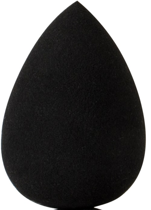 A black beauty sponge with a rounded teardrop shape used for makeup blending.