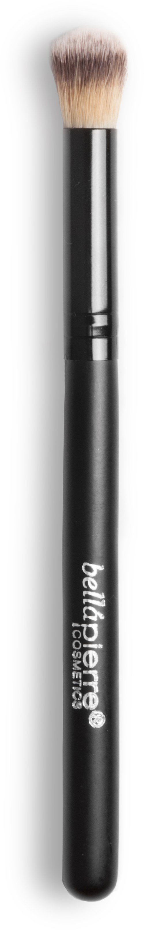 A black makeup brush with soft, rounded bristles and a logo on the handle.