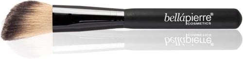 A black makeup brush with light-colored bristles and the brand name Bellápierre Cosmetics printed on the handle.