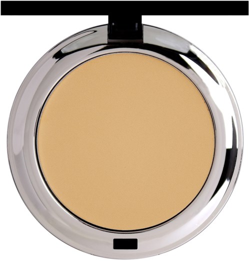 A compact with beige pressed powder, shiny silver rim, and black latch on top.