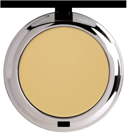 A round compact with yellow pressed powder, shiny silver edge, and black base.