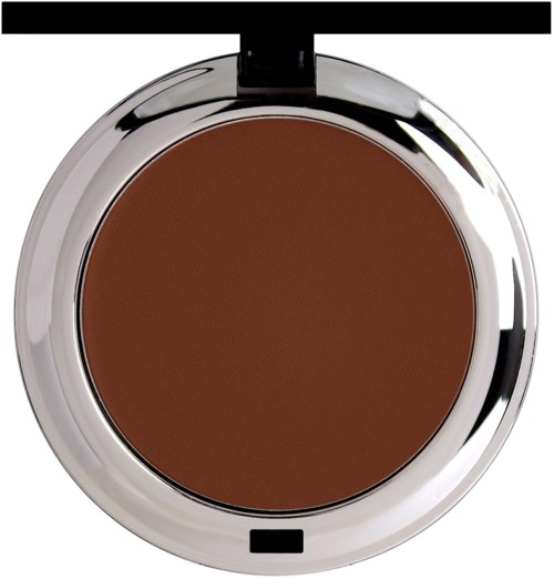 En rund compact med brunt puder, en spegel och ett svart och silver skal.