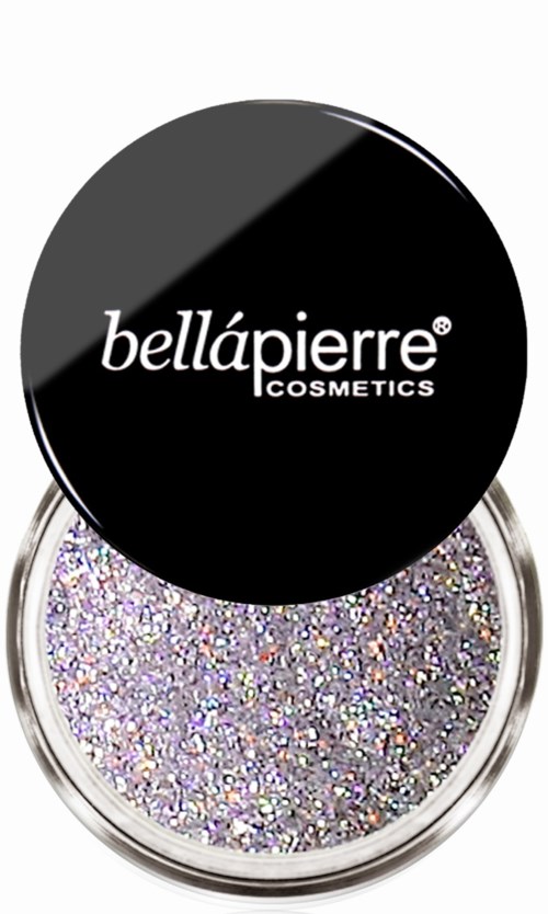A small container of glittery cosmetic product with a black lid labeled 'bellápierre COSMETICS'.