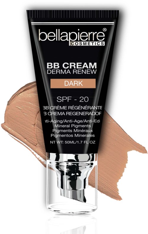 En svart tub märkt Bellapierre Cosmetics BB Cream Dark SPF 20, med beige kräm bredvid.