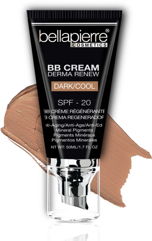 En tub av Bellapierre BB-kräm märkt för mörk/kall hud med SPF 20 och anti-aging fördelar.