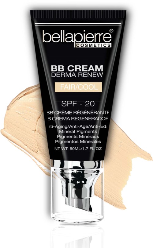 Tuote on musta putki Bellapierre BB-voiteesta, merkinnällä 'Fair/Cool' ja SPF 20, ja taustalla beige voide.