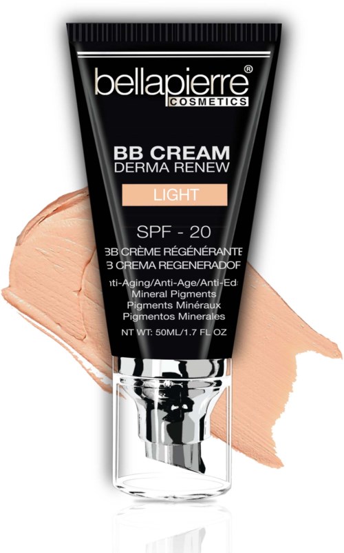 En tub med Bellapierre BB Cream med SPF 20, märkt 'Light', visas framför en beige bakgrund.