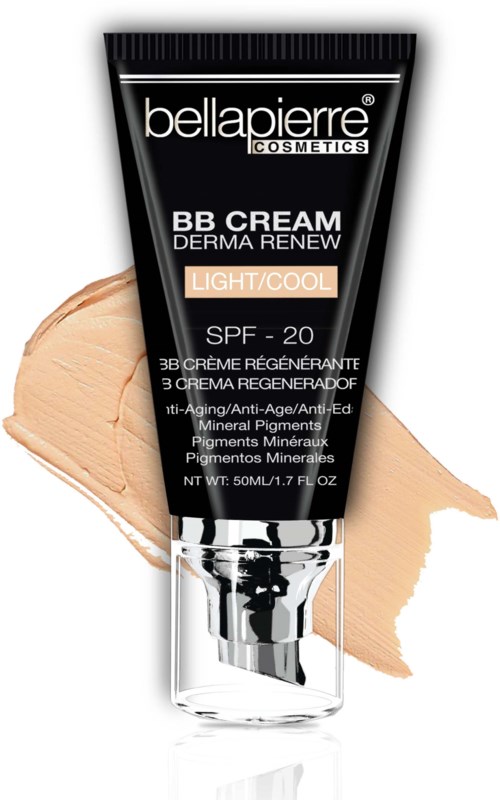 En svart tub med Bellapierre BB Cream, beige färgkladd och svart lock.