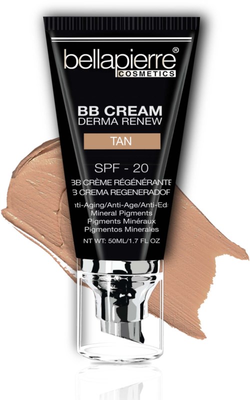 En svart tub med BB-kräm, beige färgsvall, och text. Den är märkt som Bellapierre Cosmetics BB Cream för tan hud med SPF 20.