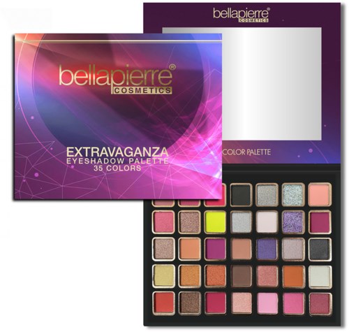 A colorful eyeshadow palette with 35 shades, covered by a purple box labeled "EXTRAVAGANZA" and "bellepierre COSMETICS."