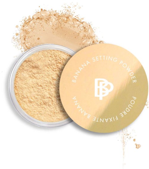 Yellow setting powder called Banana Setting Powder by Fenty Beauty in a round container.