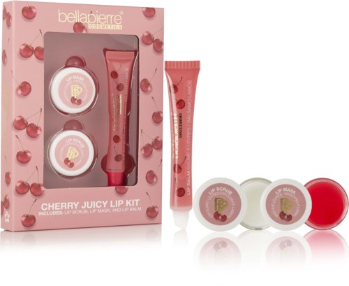 En rosa box med körsbär innehåller läppskrubb, läppmask och läppbalm med matchande körsbärslogotyper.