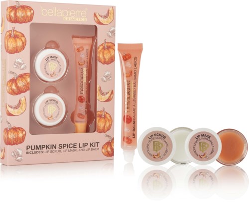 A Halloween-themed pumpkin spice lip kit with lip scrub, lip mask, and lip balm, decorated with pumpkins and slices.