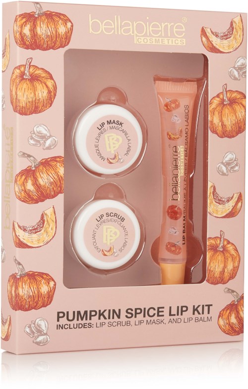 A pumpkin spice lip kit with lip scrub, lip mask, and lip balm in a decorated box.