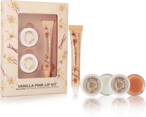 Eine Box mit vanillefarbenen Hautpflegeprodukten: zwei Lippenbalsame, Lippenpeeling in einem Rohr und Lippenmaske in kleinen Behältern.