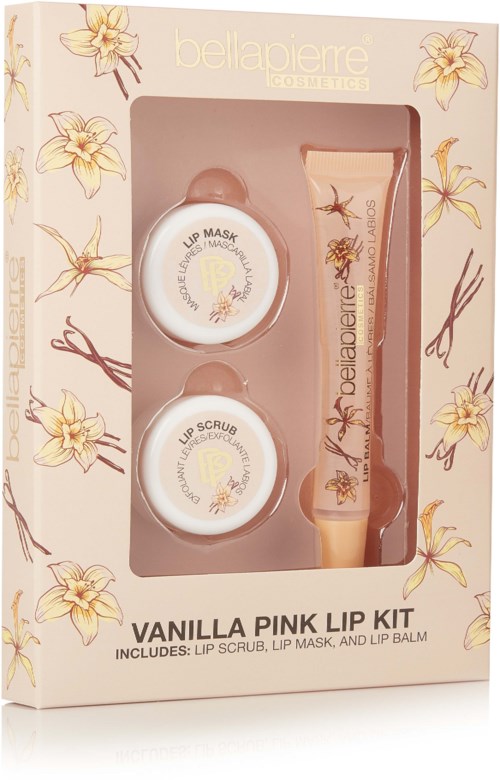 Hautpflegeset mit Vanille- und Pink-Geschmack, Lippenpeeling, Maske und Balm in einer blumengeschmückten Schachtel.