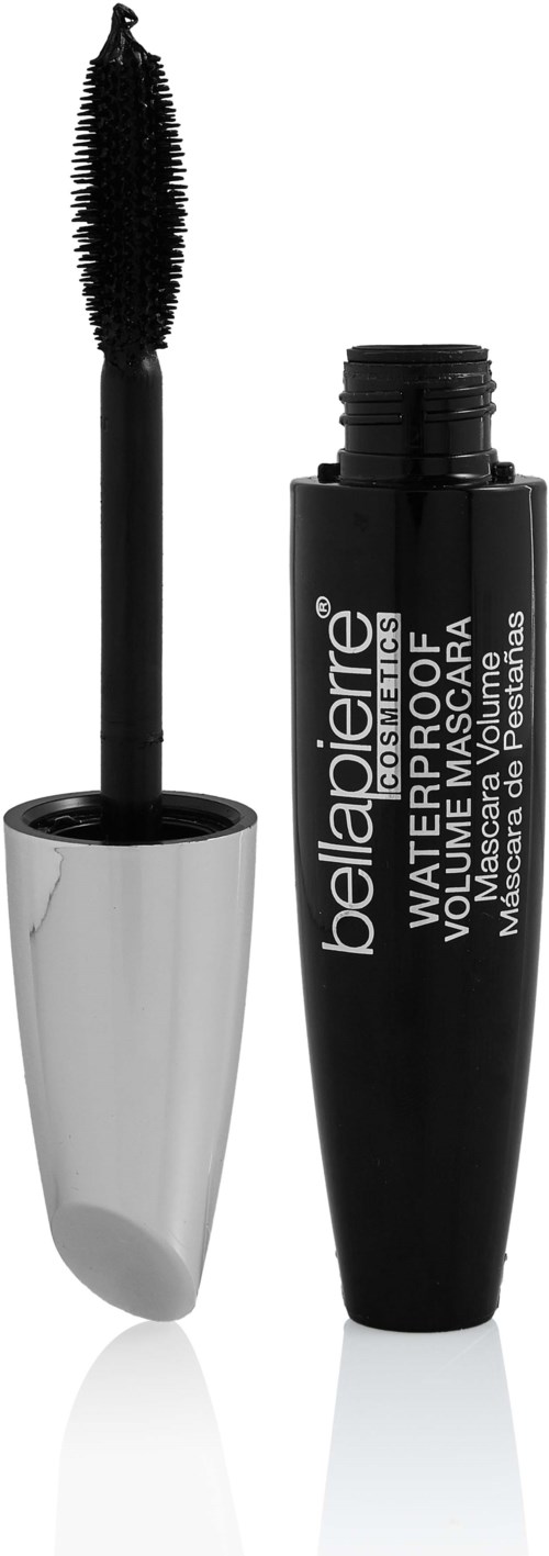 A black tube mascara with a curved wand and silver cap, labeled Belle Pierre Waterproof Mascara.